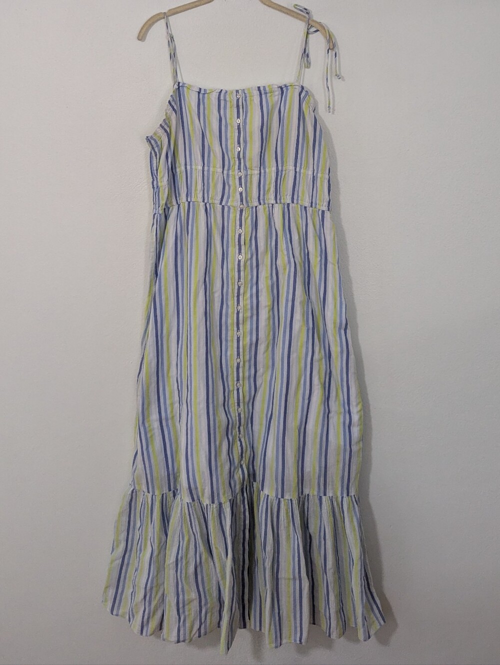 Aerie Striped Button Front Cotton Maxi Dress Lightweight Tiered White Blue XL